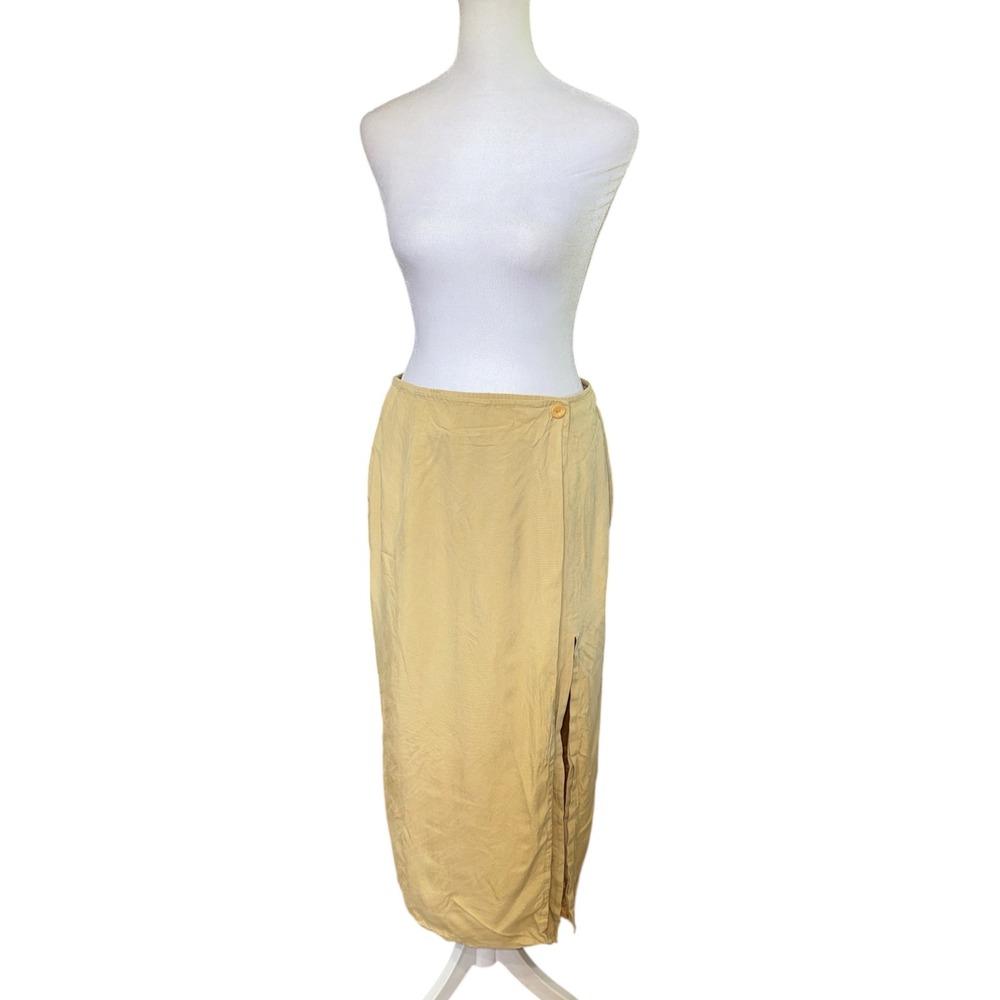 Crisca by Nic Janik Vintage 100% Silk Maxi Skirt Yellow Sand Wrap Front Slit 38